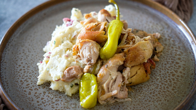 plate of chicken with pepperoncini