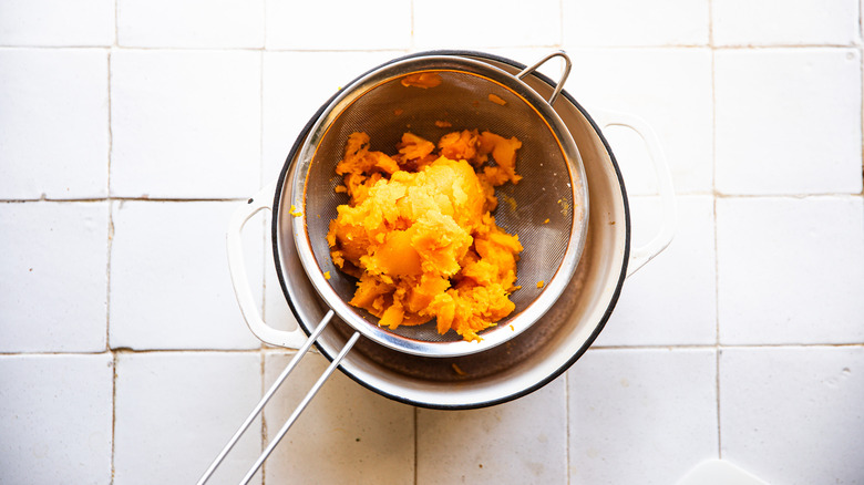 Squash pulp in strainer basket