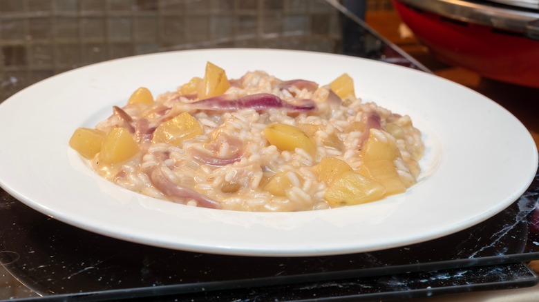 potato risotto in white bowl