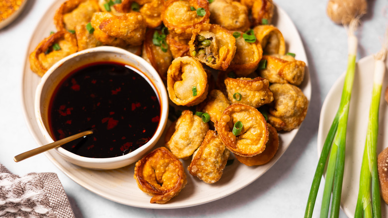 fried wontons on plate with sauce 