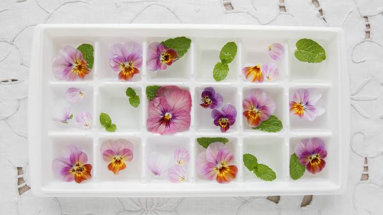 ice cube tray with flowers