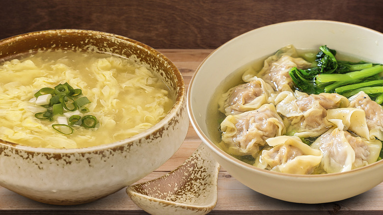 Bowls of egg drop and wonton soups