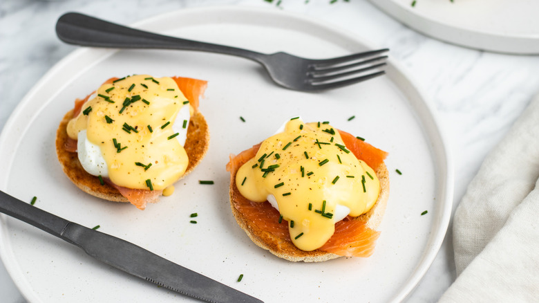 salmon eggs Benedict on plate 