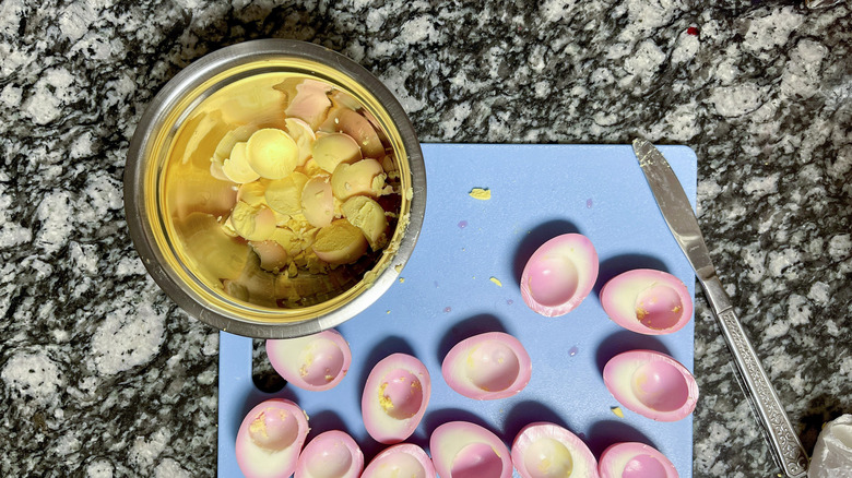 boiled egg yolks in bowl