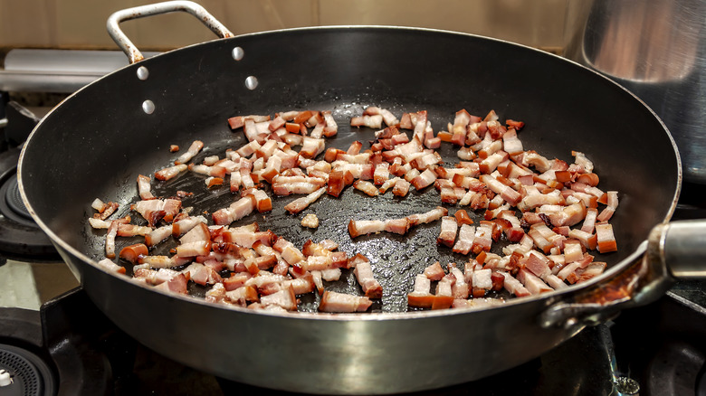 chopped bacon in a pan