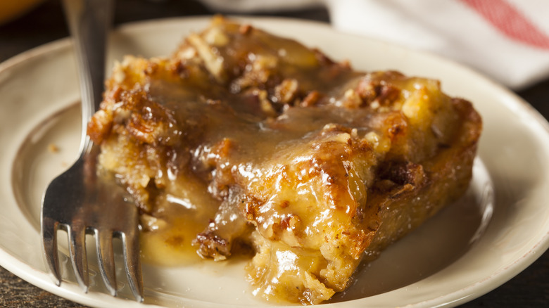 Plated bread pudding with glaze