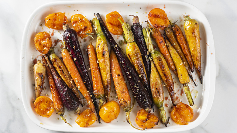 Roasted vegetables in baking pan