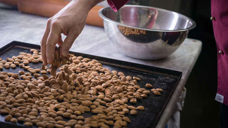 almonds on baking sheet