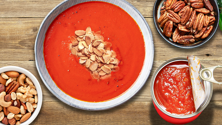 tomato soup can and bowl, various nuts
