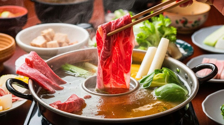 Hot pot with beef and bok choy