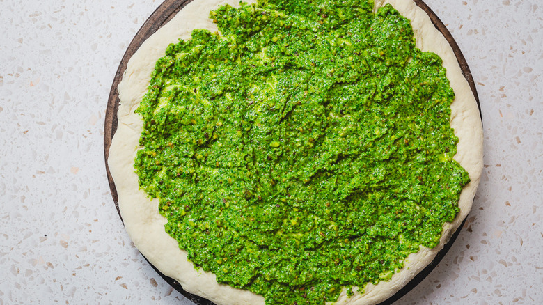 Pizza dough with pesto