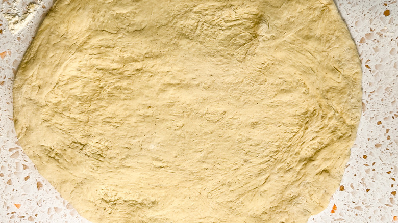 Close up on pizza dough spread into a circle