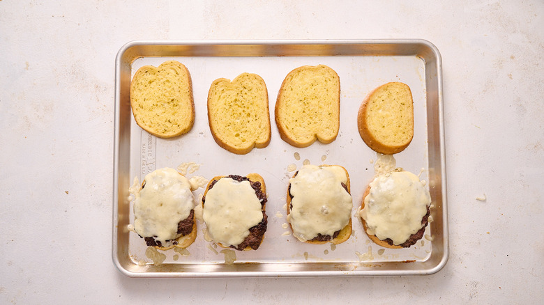 baked patty melts on sheet tray