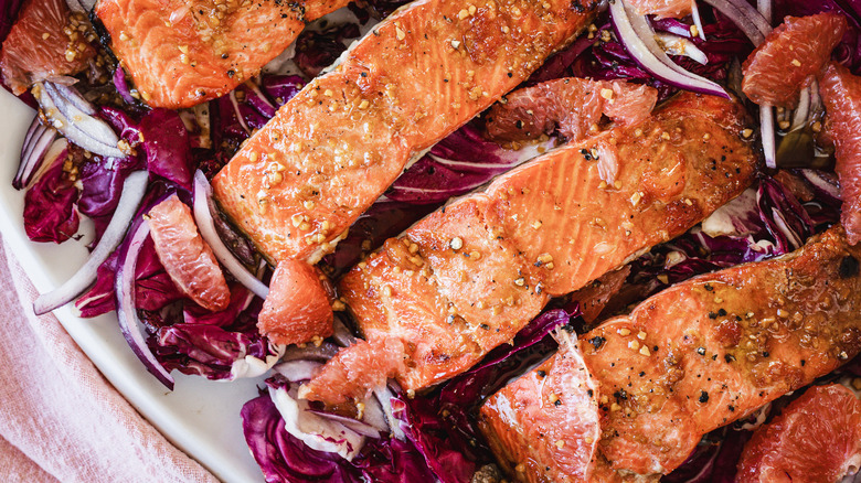 Salmon on radicchio with grapefruit and red onion