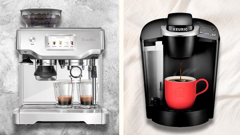 Espresso machine and Keurif coffee maker split screen