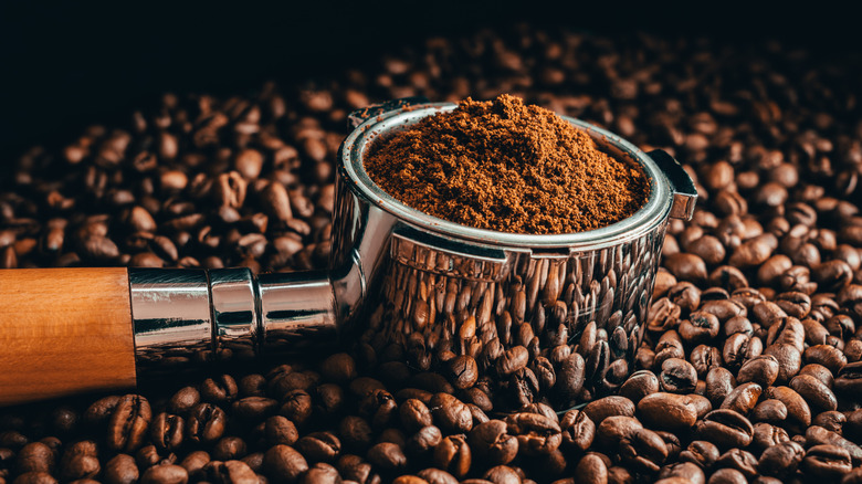 close up of coffee grounds in portafilter