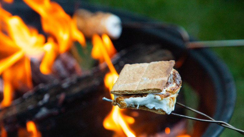 Cooking s'mores over a fire