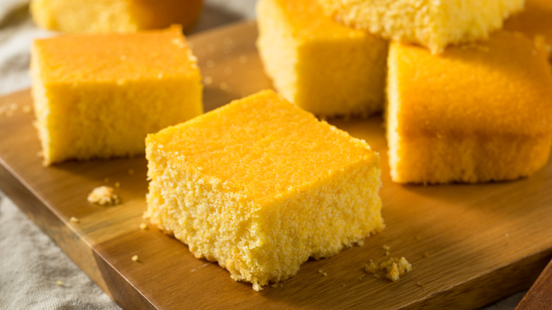 cornbread squares on cutting board