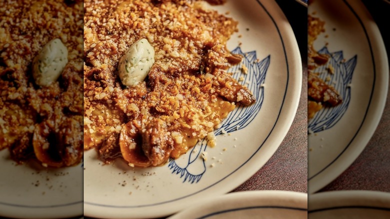 Ravioli on plate with topping