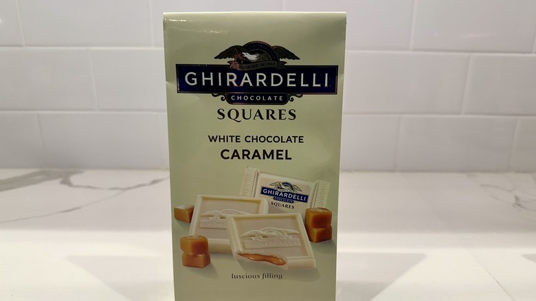 White chocolate caramel squares on counter