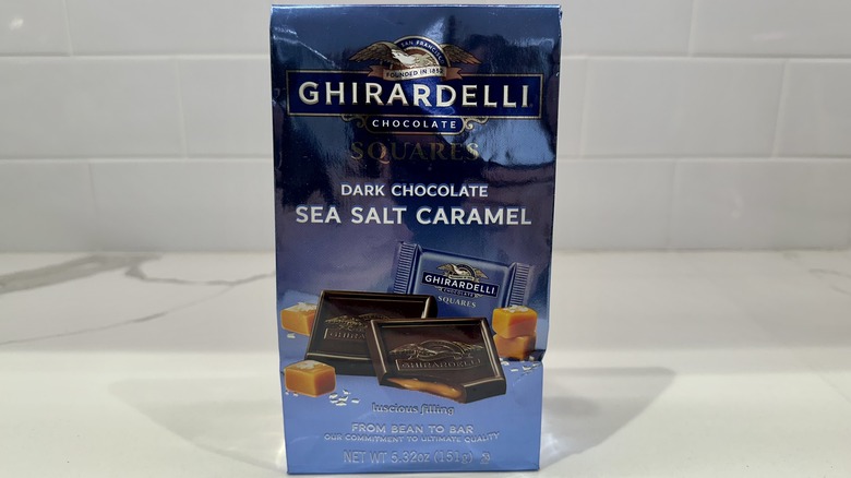 Dark chocolate sea salt caramel on counter