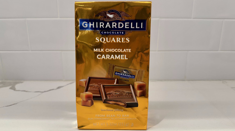 Milk chocolate caramel squares on counter