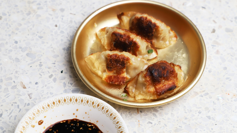 Pan-fried pork dumplings on plate 