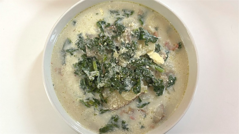 Bowl of Olive Garden Zuppa Toscana on white table