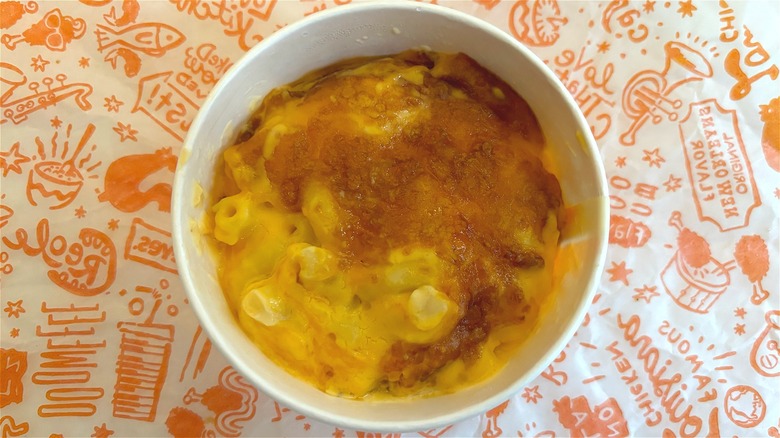 Overhead shot of Popeyes mac and cheese on Popeyes wrapper