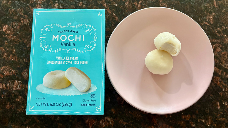 Trader Joe's vanilla mochi box next to mochi on plate