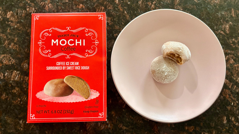 Trader Joe's coffee mochi box next to mochi on plate