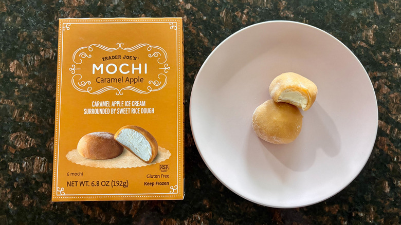 Trader Joe's mochi box next to mochi on plate