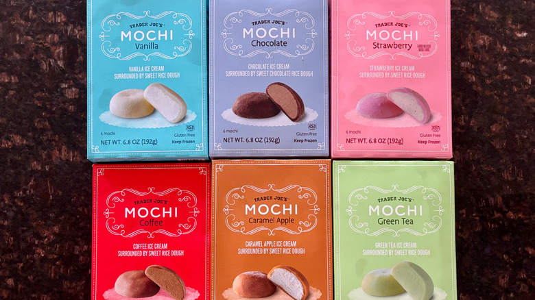 Trader Joe's mochi boxes on countertop