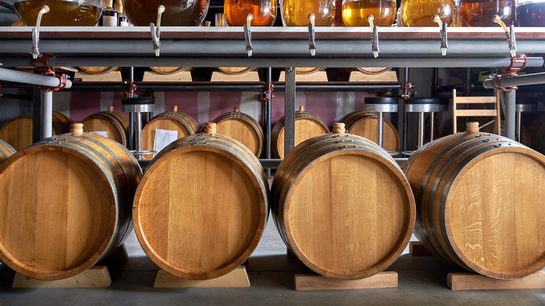 row of bourbon barrels 