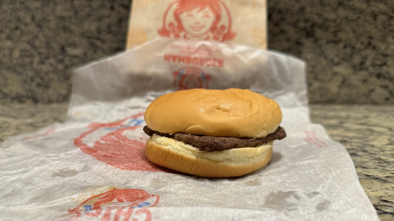 Jr. Hamburger on Wendy's wrapper on counter