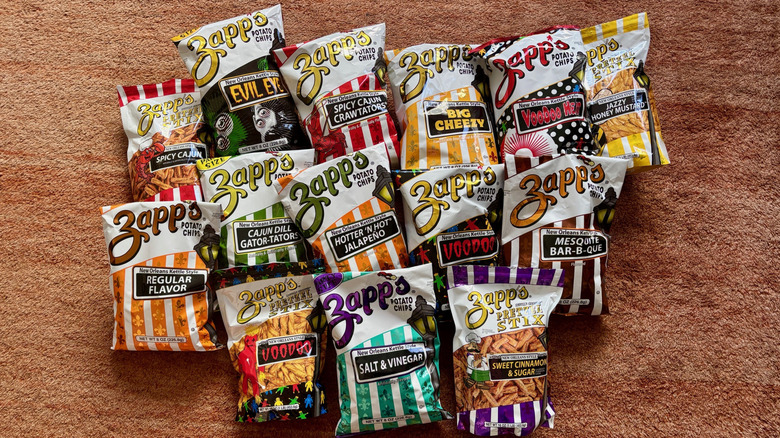 Bags of every Zapp's potato chip and pretzel twist flavor