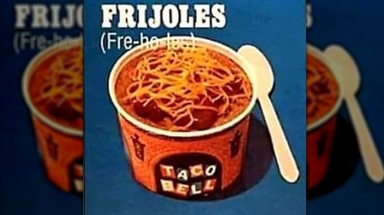 Vintage Taco Bell ad for Frijoles in a cup with a plastic spoon on the right.
