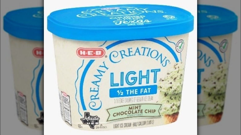 A container of H-E-B mint chocolate chip ice cream