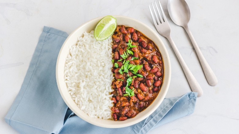 a bowl of cooked beans and rice