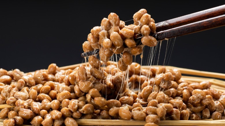 chopsticks holding natto (fermented soybeans)