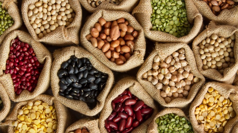 dried beans in canvas sacks