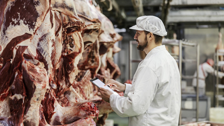 Man inspecting sides of beef