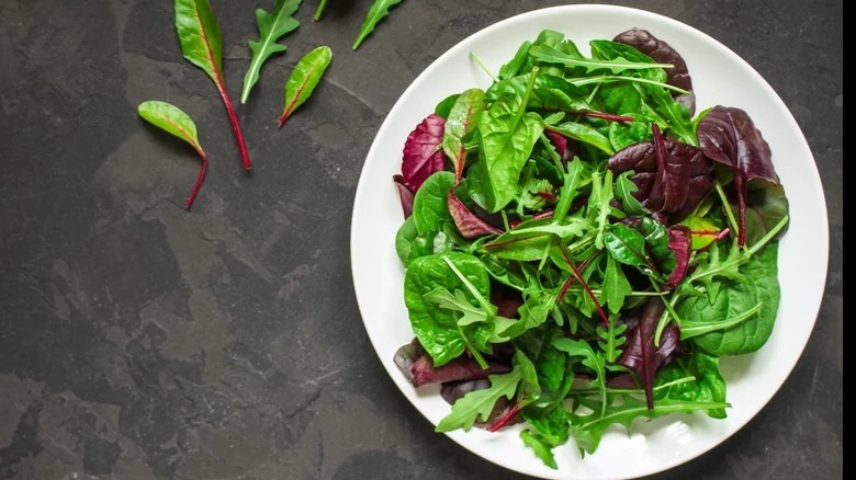 Mixed greens and red lettuces over a grey table