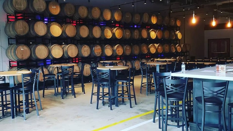 Wooden beer casks at brewery