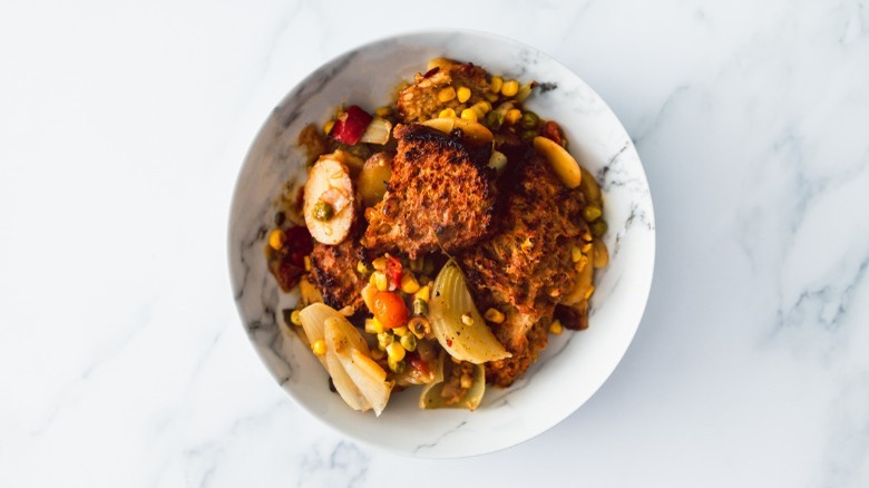 veggie bowl with vegan meatloaf