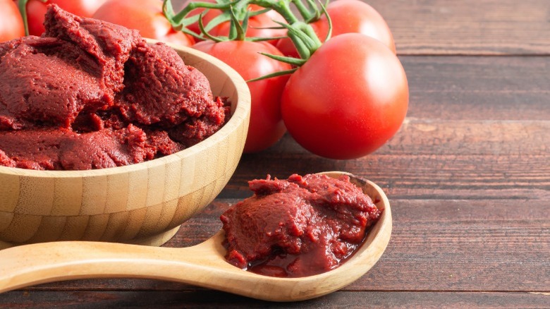 Bowl and spoonful of tomato paste