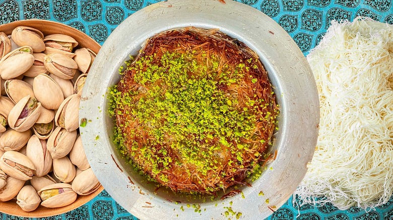 Knafeh with kataifi pastry, pistachios