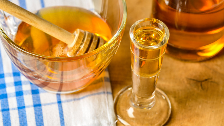 Bowl of honey and glass of mead