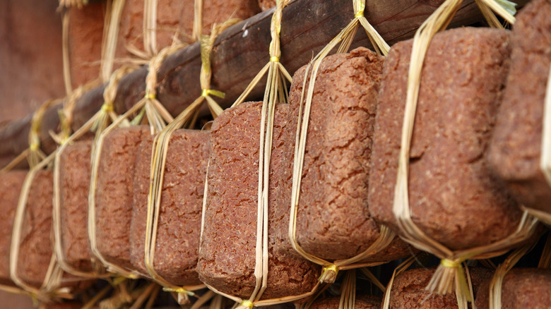 Fermenting doenjang hanging from wood 