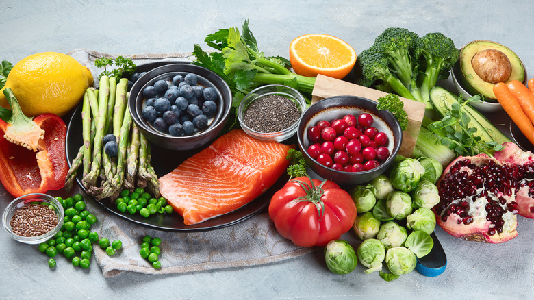 salmon, berries, and vegetables
